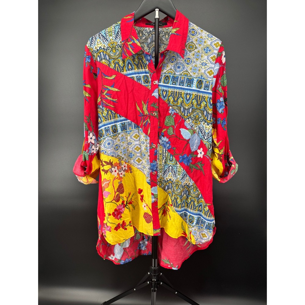 Caleesa Womens Mixed Print Patchwork Boho Button Down Tunic Shirt Red Yellow M